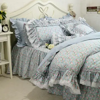 Nove sveže cvetje tiskanja posteljnina nabor Luksuzni čipke ruffle rjuhe kritje Vezenje posteljo stanja pastorala posteljo krilo bedspread posteljni set