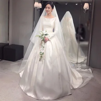 Preprost Letnik Poročne Obleke Z Dolgimi Rokavi Zajemalka Vratu Ivory White Satin Koreja Ženske Poročne Halje Zamah Vlak Po Meri