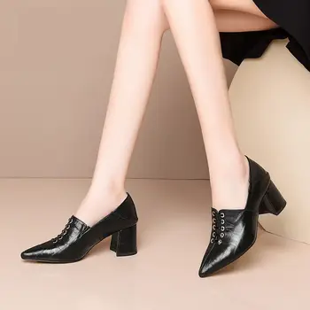 LIHUAMAO kača kožo črpalke kvadratnih pete, čevlji za ženske konicami prstov zdrsne na ženske močen pete obleko čevlje stranka dela oxford slog