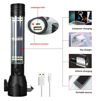 USB Solarna LED Svetilka Zasilne Luči Varnosti Kladivo Polnjenje Moči Banke na Prostem Kompas Preživetje Orodje Za Potovanja, Kampiranje