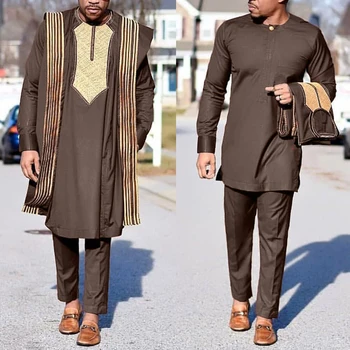 H&D Afriške Agbada Obleko Za Moške Vezene Oblačilih Dashiki Zajema Majico, Hlače 3 KOS Set Boubou Africain Homme Musulman Kompleti