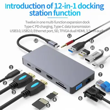 12 v 1 Thunderbolt 3 Dock USB Tip C do HDMI HUB Adapter za MacBook Samsung Dex Galaxy S10/S9 USB-C Pretvornik Strele HDMI