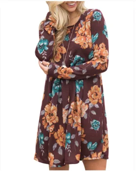 Cvetlični Obleke za Ženske A-line Elegantno Obleko z Dolgimi Rokavi Visoko Pasu, O-vratu Obleko 8 Barve Velikost S-2XL DR589