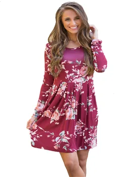 Cvetlični Obleke za Ženske A-line Elegantno Obleko z Dolgimi Rokavi Visoko Pasu, O-vratu Obleko 8 Barve Velikost S-2XL DR589