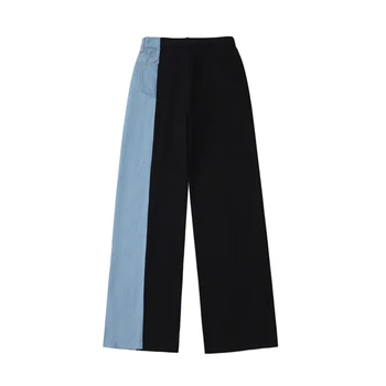 2020 jeseni ženske hlače, črno in modro barvo ujemanje visoko pasu split-zapenjanje kavbojke zbiranjem hlače