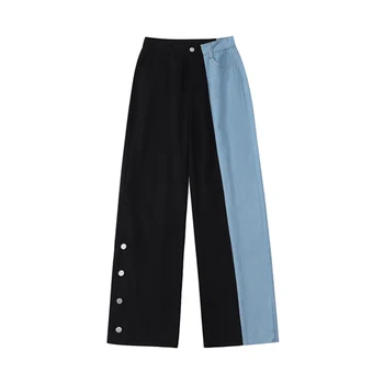 2020 jeseni ženske hlače, črno in modro barvo ujemanje visoko pasu split-zapenjanje kavbojke zbiranjem hlače
