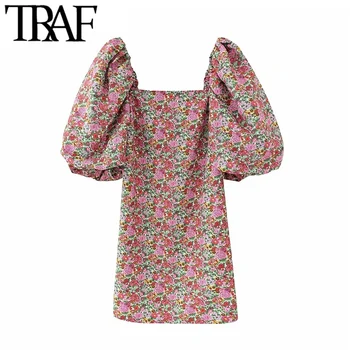 TRAF Ženske Elegantna Moda Z Oblog Cvjetnim Tiskanja Mini Obleka Letnik Puff Rokav Nazaj Zadrgo Ženske Obleke Vestidos