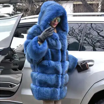 Hooded Modra Lisica Krzno Plašč Debel Toplo Umetno Lisica Krzno Jakna za Ženske Outwear Dolgo Fur Coats 2020 Zimski Modni Luksuzni Outwear