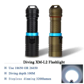 Potapljaška LED Svetilka, Polnilne usb 18650 Baterije Svetilke Močno LED bliskavico za Pod Vodo Ribolov, lov baklo