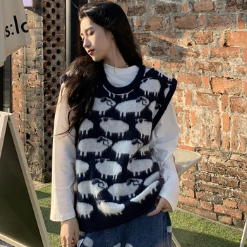2020 korejskem slogu risanka ovce telovnik puloverji ženska ohlapno pletene puloverje in puloverji (C9882)