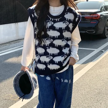 2020 korejskem slogu risanka ovce telovnik puloverji ženska ohlapno pletene puloverje in puloverji (C9882)