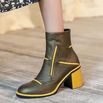 2020 pozimi novi retro usnjeni ženski čevlji za ujemanje barv debele pete visoke pete moda kratke čevlji