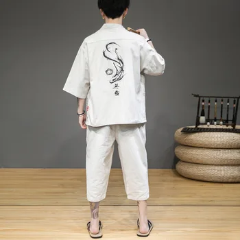 Japonski Tradicionalni Kimono Yukata Poletje Hlače Dva Kosa Sedem-točka Plašč Moški Japan Print Hlače Jopico Harajuku Obleke, Kompleti