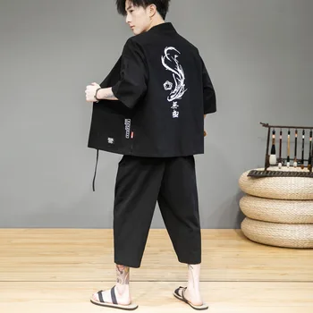 Japonski Tradicionalni Kimono Yukata Poletje Hlače Dva Kosa Sedem-točka Plašč Moški Japan Print Hlače Jopico Harajuku Obleke, Kompleti