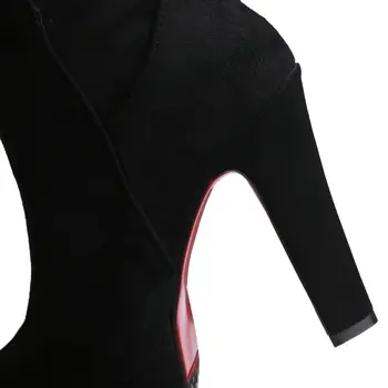 Vrh Faux Antilop Kolena Visoki Škornji Moda Zadrgo Močen Visoke Pete Pozimi Toplo Ženske Škornji Rdeče Vino Rdeče Črno