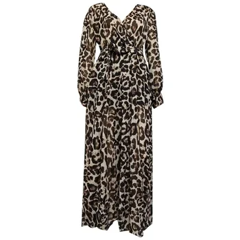 Leopard Dolga Obleka Ženske Kave Dolg Rokav Obleke 2019 Novo Pomlad Jesen Seksi Split V Vratu Slim Obleko Vestidos Feminina CX07