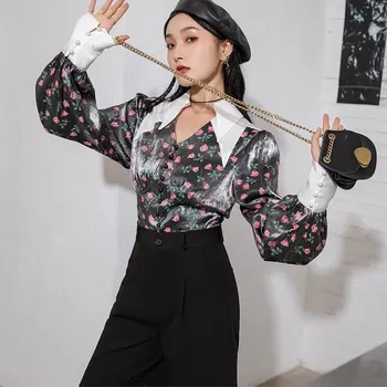 CHEERART Letnik Puff Rokav Dame Vrh Dolg Rokav Bluzo Ženske Rose Cvjetnim Tiskanja Tunika Saten korejski Bluzo Jeseni Leta 2020 Moda