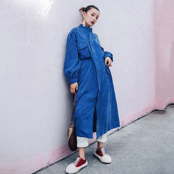 Trend, blue Velvet Dolg Jarek Plašč Ženske Nastavljiv Pas Visoko Modo Jeseni Leta 2020 Windbreaker ulične Coats Trenchs FY46