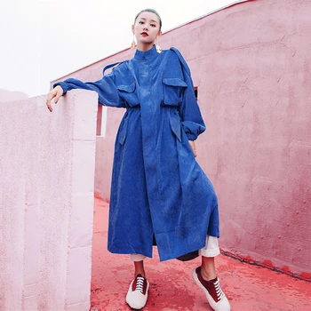 Trend, blue Velvet Dolg Jarek Plašč Ženske Nastavljiv Pas Visoko Modo Jeseni Leta 2020 Windbreaker ulične Coats Trenchs FY46