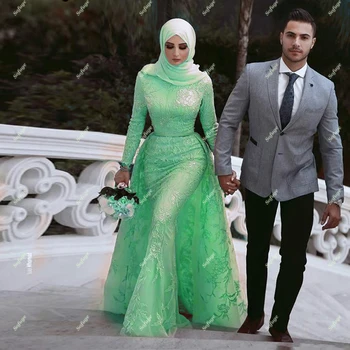 Zelena Muslimanskih Morska Deklica Poroka Obleke, Oblačila Hidžab Savdska Arabski Snemljiv Vlak, Dolg Rokav O Vratu Poroka Poročni Posla