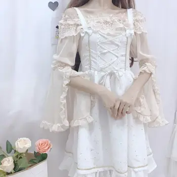 Japonski kawaii dekle lolita bluzo čipke off ramenski flare rokav viktorijanski majica šifon gothic lolita vrh loli cosplay