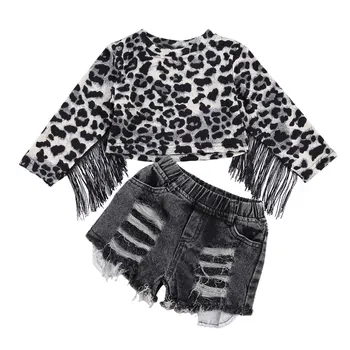 1-6Y Moda Otroci Baby Dekleta Obleke, Kompleti Leopard Tassel Dolgimi Rokavi, Pulover, T-Majice, Vrhovi + Traper Hlače 2pcs Obleke