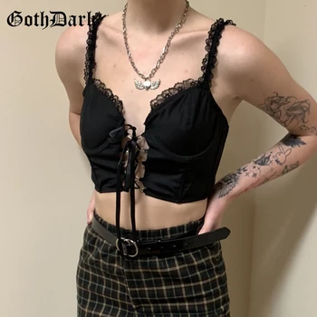 Goth Temno Letnik Gothic Seksi Camis Črna Center Goth Punk Čipke Mozaik Ženske Emo Crop Tops Backless Alternativnih Oblačila, Povoj
