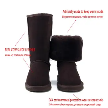 HABUCKN visoke kakovosti sneg škornji za ženske zimske čevlje Prave Leatherfur obložene big dekleta visok volne stegno zimski črni škornji