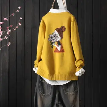 Etnične retro slogu V-vratu pletene cardigan ženske jeseni nov slog umetnosti jacquardske vezenje pulover, jakna ženske
