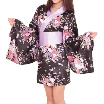 Seksi Sladko Japonski Kimono Kostum Niz Kratkih Kimono Plašč z Obi Pasu Globoko V Cvetlični Deluxe Cvet Mini Obleka Kimono Obi Pasu