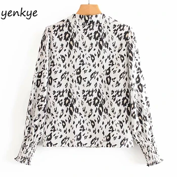 Vintage Leopard Bluzo Majica za Ženske z Dolgimi Rokavi V Vratu Flowy Dame Majice Plus Velikost Vrhovi DWDD87186