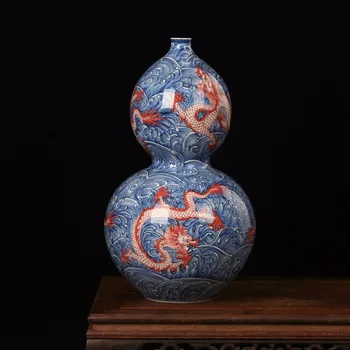 Edinstven Kitajski Starinsko Modre in Bele Porcelanaste Ročno Poslikane Underglaze Rdeči zmaj v morju Vzorec Dekorativni Cvet Vazo