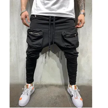 Človek Ulične Šivom Barve Joggers Hip Hop Dolge Hlače Moški Elastični Pas Multi-žep jogger Visoko kakovostne hlače