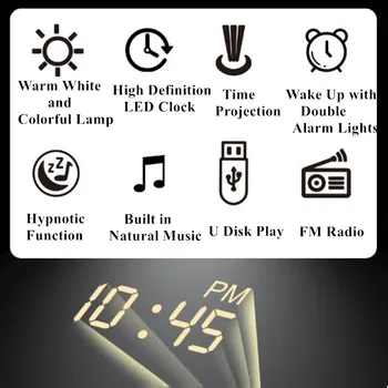 Digitalni LED Projekcija Ura Noč Svetlobe 7 Pisane Spanja Simulacijo sončnega Vzhoda in Sončnega zahoda, Zbudi Datum FM Radio Glasba Budilka