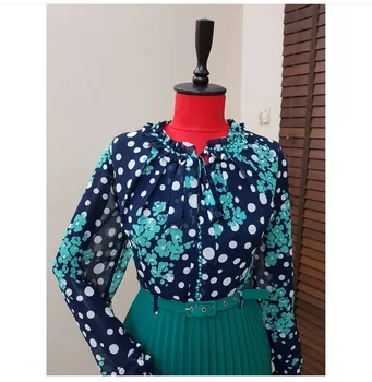 Pomlad Jesen Šifon Tiskanja Priložnostne Obleko Lepe Ženske Cvetlični Dolgo Bowknot Obleke z Dolgimi Rokavi Vestido L-Plus Velikost 3XL
