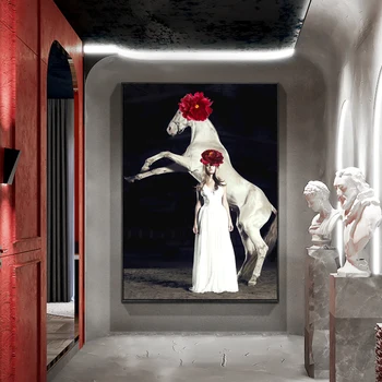 Sodobna Belem Konju, Rdeči Cvet Platno Slikarstvo Poster Tiskanje Dnevna Soba, Spalnica, Pisarna Slika Nordijska Sliko Wall Art Dom Dekor