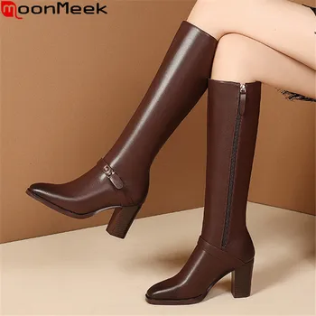 MoonMeek 2020 Velika velikost 35-45 moda za ženske škornji debele visokih petah kvadratni toe kolena visoki škornji zimski barva dame čevlji