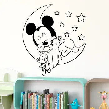 Disney Vinil Stenske Nalepke Srčkan Spalna Mickey Mouse Na Luno Z Zvezdami Nalepke Za Otroke, Otroška Soba Spalnica Oprema Doma Dekor