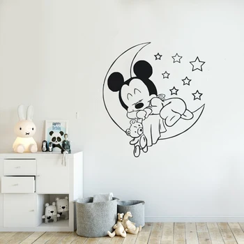 Disney Vinil Stenske Nalepke Srčkan Spalna Mickey Mouse Na Luno Z Zvezdami Nalepke Za Otroke, Otroška Soba Spalnica Oprema Doma Dekor