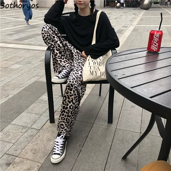 Hlače Ženske Retro Jeseni Svoboden Leopard Visoko Pasu Elegantno korejski Womens Hlače Trendy Mehko Dan Chic Žepi Priložnostne Vse-ujemanje