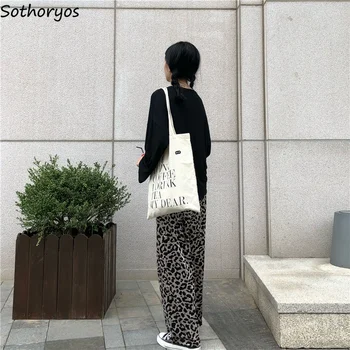 Hlače Ženske Retro Jeseni Svoboden Leopard Visoko Pasu Elegantno korejski Womens Hlače Trendy Mehko Dan Chic Žepi Priložnostne Vse-ujemanje