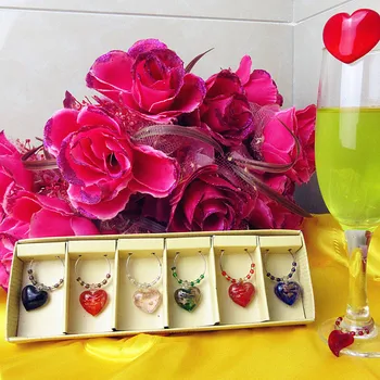 6pcs Murano ročno pihano steklo srce model tabelo okraski obroči obesek Označevalec poroke, rojstni dan kozarec Vina čare določa