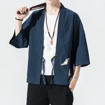 Moški Kitajski Slog Oversize Letnik Mens Majice Odprite Šiv Kimono Majice, Oblačila, Moški Jeseni Črne Srajce