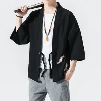 Moški Kitajski Slog Oversize Letnik Mens Majice Odprite Šiv Kimono Majice, Oblačila, Moški Jeseni Črne Srajce