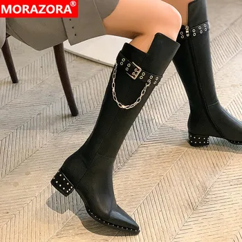 MORAZORA 2021 Novo blagovno Znamko ženske škornji visoki kakovosti pravega usnja kolena visoki škornji kvadratnih petah konicami prstov klasičnih zimskih škornjev
