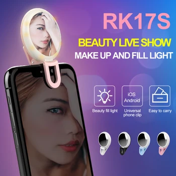 RK17S Mini Selfie Flash Svetlobe, Lepote Fill Light z Ličila Ogledalo 20 Žarnice 9 Ravni Svetlosti Toplo+Hladno+Mešani Luči Za Telefone