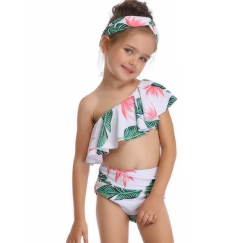 Lotus Tiskanja Seksi Bikini Eno Shuolder Kopalke Družino Ruffle Bikini kopalke Plažo Mamica Otroci Kopalke za Dekleta