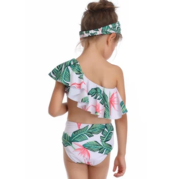 Lotus Tiskanja Seksi Bikini Eno Shuolder Kopalke Družino Ruffle Bikini kopalke Plažo Mamica Otroci Kopalke za Dekleta