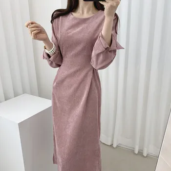 Pomlad Jesen Ženske Priložnostne Velvet Obleke Eleagnt čipke-up Slim Moda Obleko