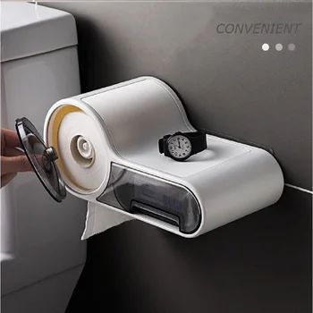 Multi-funkcijo Toaletni Papir Držalo Tkiva Polje Plastična Škatla za Shranjevanje umivalnici, Nepremočljiva Steni Visi Trak Papirja Cev Udarec Brezplačno